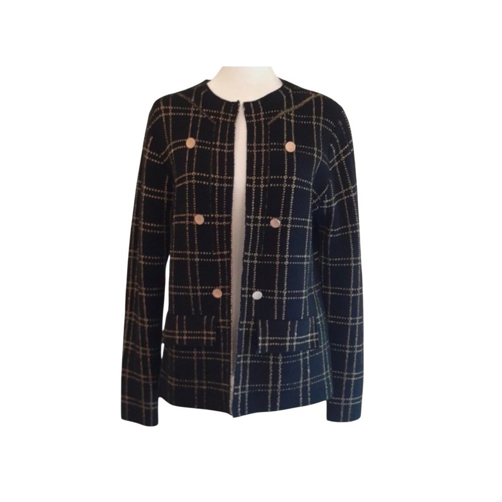 Sioni Cardigan Jacket Womens Large Black Gold Metallic Grid Preppy Knit Blazer
